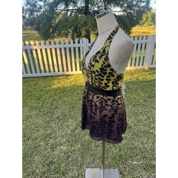 Express Y2K Silk Halter Top Lime Green Purple Ombré Tropical Leaf Blouse Sz 10 - Picture 14 of 16